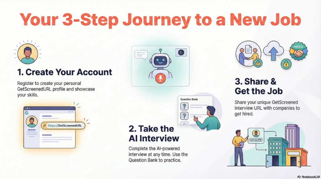 Hiring Process: 1. Register at GetScreened.in, 2. Take AI Interview, 3. Share URL